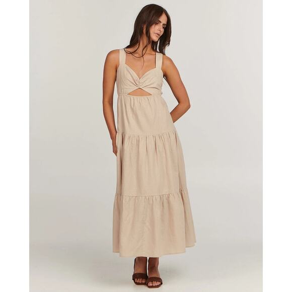 Charlie Holiday Lilian Oat Beige Tiered Cut Out Linen Midi Dress Size XL - Picture 2 of 15